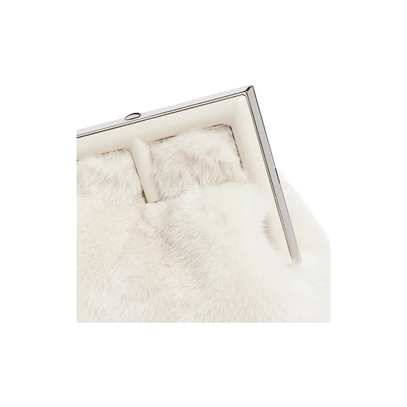 FENDI Sheepskin With Mink Fur One Shoulder Crossbody Clutches Small Size Women's White-4