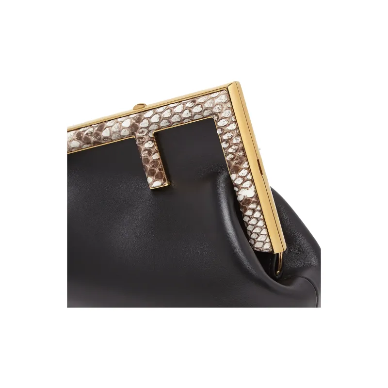 FENDI Lambskin With Python Skin Accents One Shoulder Crossbody Clutches Small Size Women's Black-4