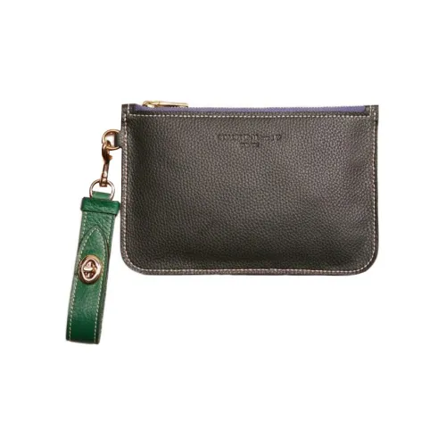 COACH Turnlock Litchi Grain Leather Wallet Card Holder Wrist Bag Clutch Small Size Women's Black & Green