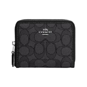 COACH Zip Around Jacquard With Pebbled Leather Card Holder, Wallet Women's Black