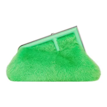 FENDI Sheepskin With Mink Fur One Shoulder Crossbody Clutches Small Size Women's Green