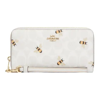 COACH Zip Around Canvas With Leather Clutch Card Holder, Wallet Unisex White