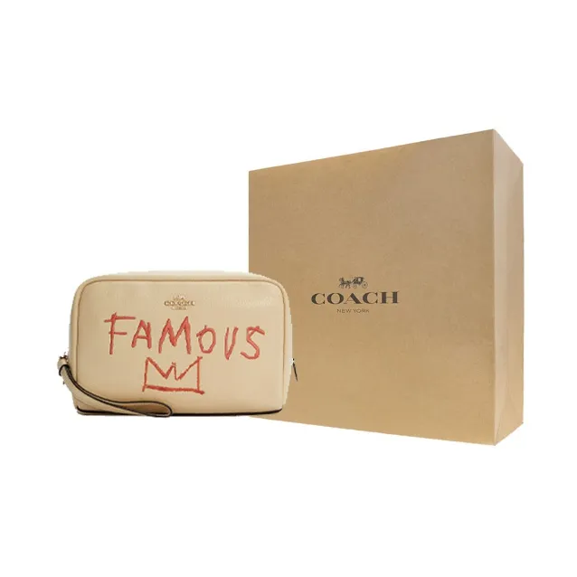 COACH X Basquiat Boxy Leather Clutch Makeup Bag Trumpets Women's Ivory White-4