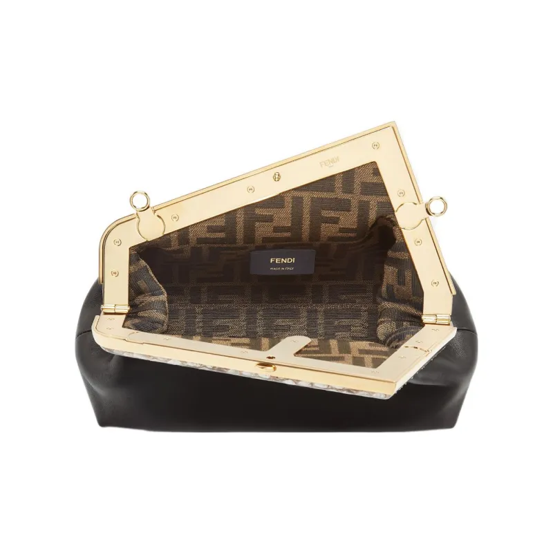 FENDI Lambskin With Python Skin Accents One Shoulder Crossbody Clutches Small Size Women's Black-3