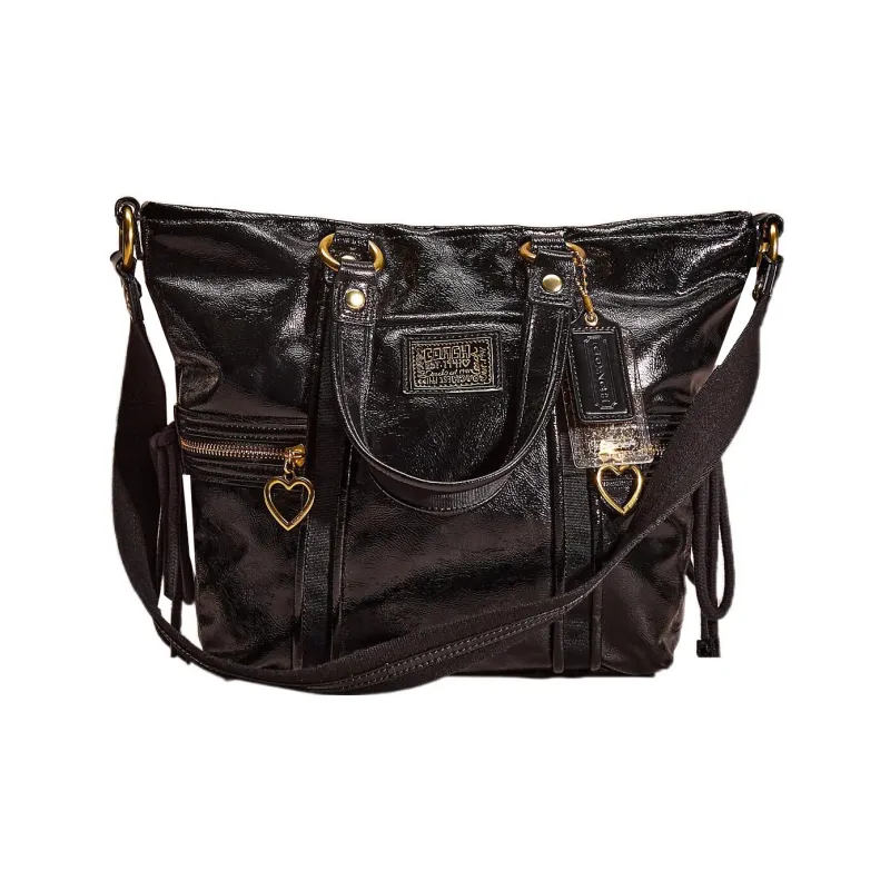 COACH POPPY Patent Leather Shoulder Bag, Crossbody Bag, Handbag Medium Size Women's Black-0