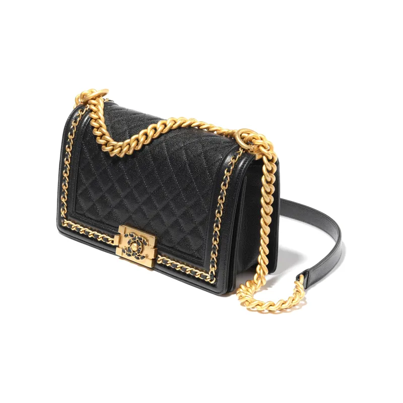CHANEL Shiny Grain Caviar Calfskin Chain Bag, Flap Bag, Crossbody Bag Women's Black-1