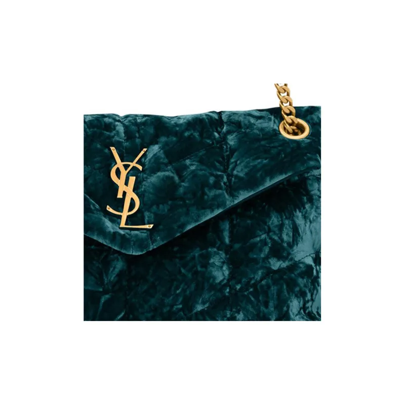 SAINT LAURENT PUFFER Fabric Cow Leather Patchwork Portable Crossbody Bag Shoulder Bag Women's Bright Emerald-5