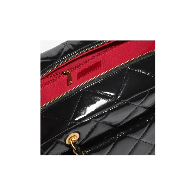 CHANEL Bright Color Wrinkle Calfskin With Gold Metal Bowling Bag, Shoulder Bag, Handbag Extra Large Women's Black-3