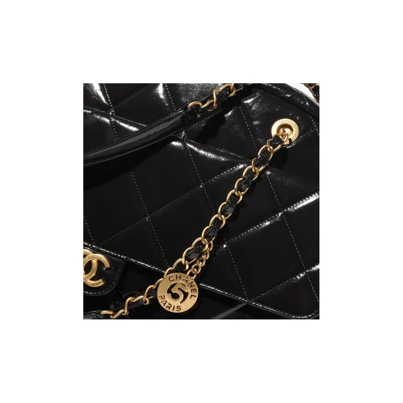 CHANEL Bright Color Wrinkle Calfskin With Gold Metal Bowling Bag, Shoulder Bag, Handbag Extra Large Women's Black-2