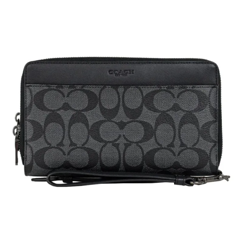 COACH Double Zip Wallet Canvas With Leather Wrist Bag Card Holder, Wallet Clutch Small Size Men's Black-1