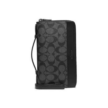 COACH Double Zip Wallet Canvas With Leather Wrist Bag Card Holder, Wallet Clutch Small Size Men's Black