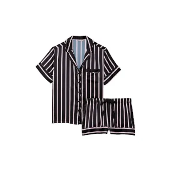Victoria's Secret Satin Short Pajama Set Pajama Set Women's Black Background With Pink Stripes