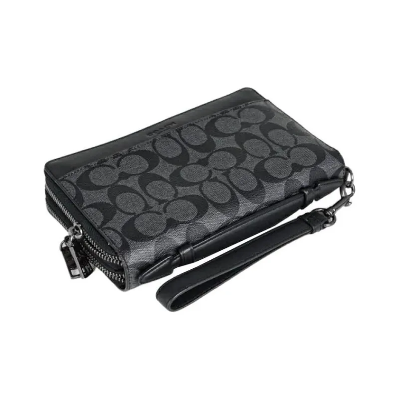 COACH Double Zip Wallet Canvas With Leather Wrist Bag Card Holder, Wallet Clutch Small Size Men's Black-2