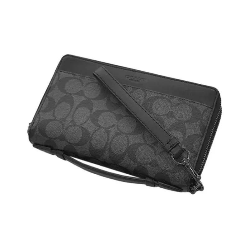 COACH Double Zip Wallet Canvas With Leather Wrist Bag Card Holder, Wallet Clutch Small Size Men's Black-3