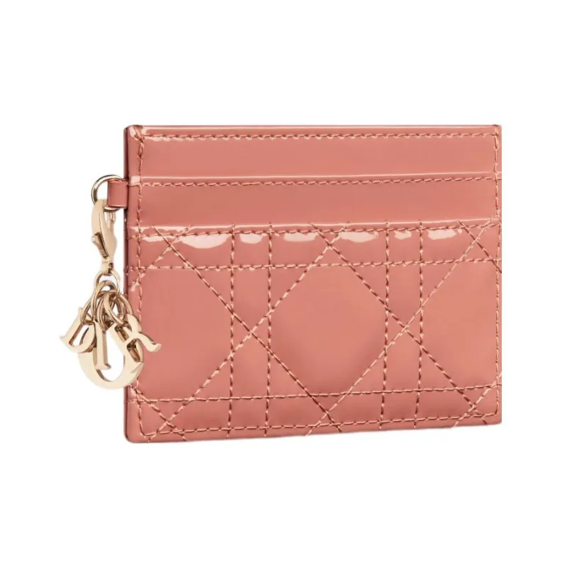 DIOR Lady Dior Patent Leather Calfskin Money Clip Card Holder Card Case Women's Elegant Pink-1