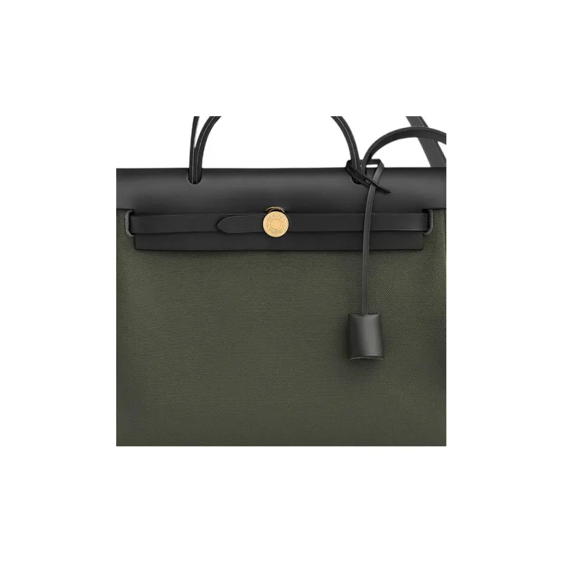 HERMES Herbag Zip Canvas With Leather Portable Canvas Bag Shoulder Bag Crossbody Bag Women's Gray Green/Black-4