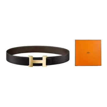 HERMES Constance Light Gold Buckle Box 135 Calfskin Double Sided Leather Belt Men's Black/Ebony Width  3.8cm