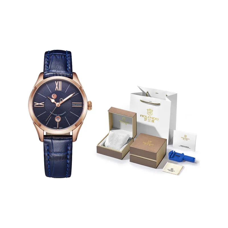 ROLENDO R Automatic Mechanical Movement Genuine Leather Strap Watch Unisex Blue Dial-3