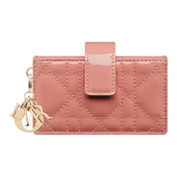 DIOR Lady Dior Patent Leather Calfskin Card Clip Card Holder Women's Elegant Pink