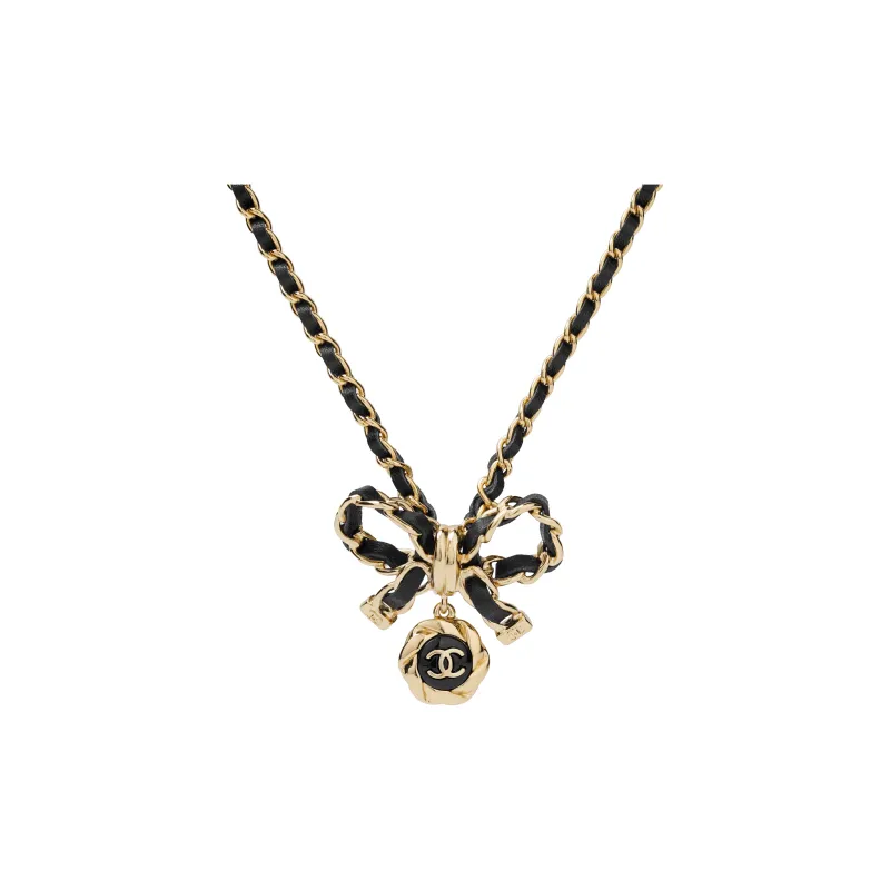 CHANEL Metal Artificial Pearl Calfskin Necklaces Women's Black Gold-0