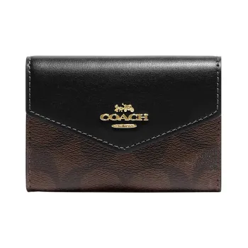 COACH Card Case Canvas With Leather Wallet, Card Holder Women's Black & Dark Brown
