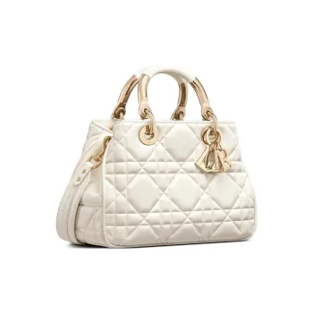 DIOR Calfskin Lady Dior Bag Shoulder Bag, Crossbody Bag, Handbag Small Size Women's White