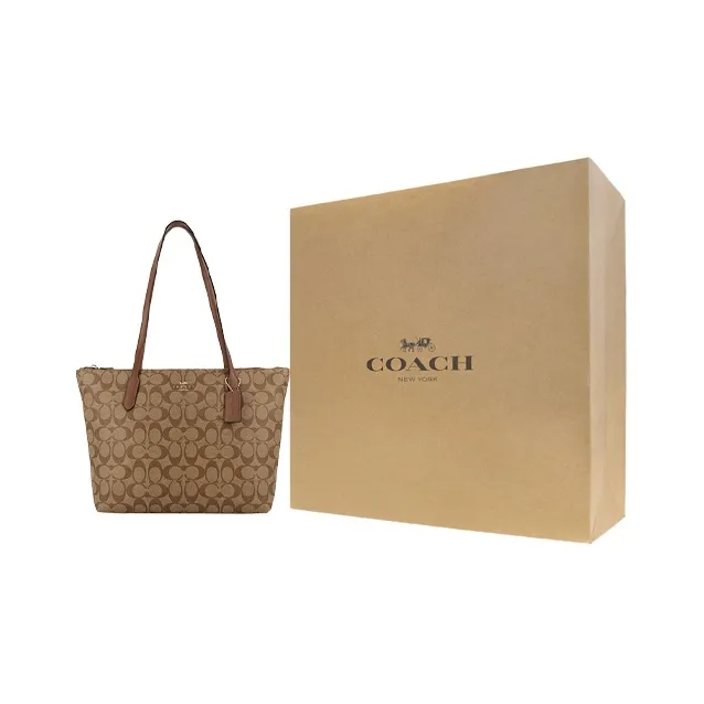 COACH Zip Top Tote Canvas With Leather Tote Bag Shopping Bag Shoulder Bags Large Size Women's Brown Monogram-13