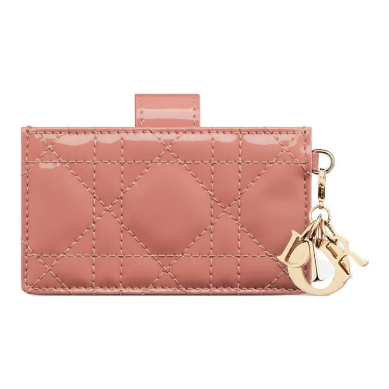 DIOR Lady Dior Patent Leather Calfskin Card Clip Card Holder Women's Elegant Pink-3