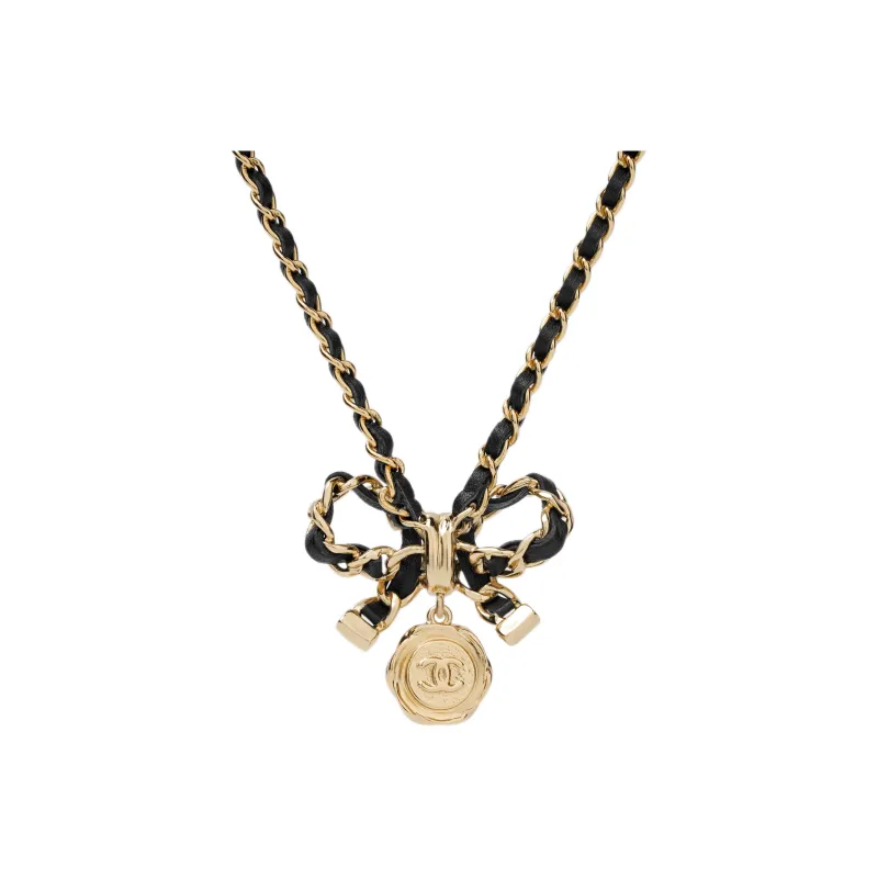 CHANEL Metal Artificial Pearl Calfskin Necklaces Women's Black Gold-2