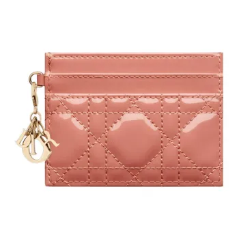 DIOR Lady Dior Patent Leather Calfskin Money Clip Card Holder Card Case Women's Elegant Pink