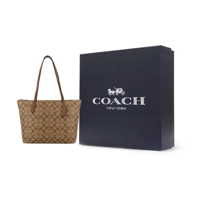 COACH Zip Top Tote Canvas With Leather Tote Bag Shopping Bag Shoulder Bags Large Size Women's Brown Monogram-11