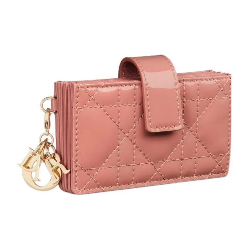 DIOR Lady Dior Patent Leather Calfskin Card Clip Card Holder Women's Elegant Pink-1