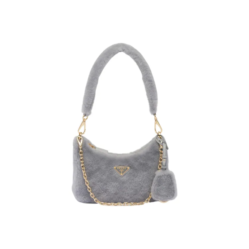 PRADA Plush Shoulder Bag, Handbag, Shoulder Bag Women's Gray-0