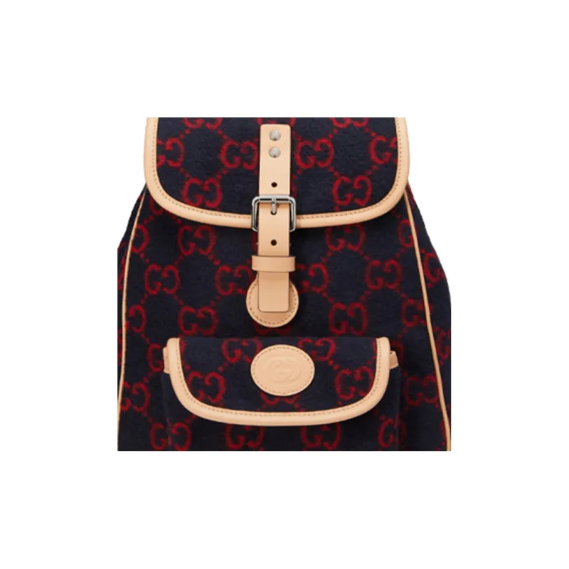 GUCCI Wool Patchwork Leather Backpack Kids' Dark Blue/Red/Beige-7