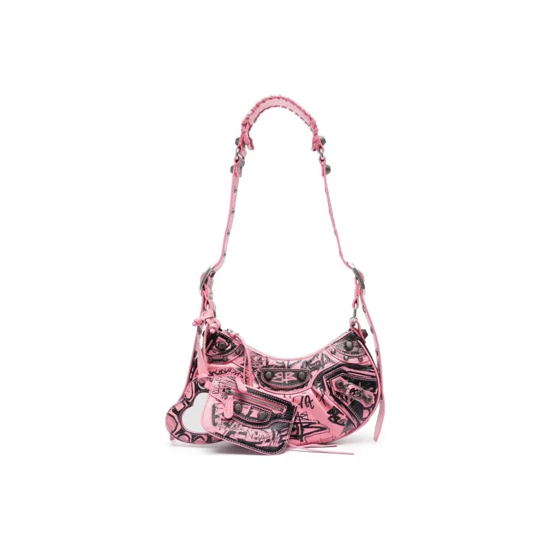 Balenciaga Le Cagole Calfskin Biker Bag, Dumpling Bag, Shoulder Bag, Crossbody Bag Extra Small Women's Black/Pink-1