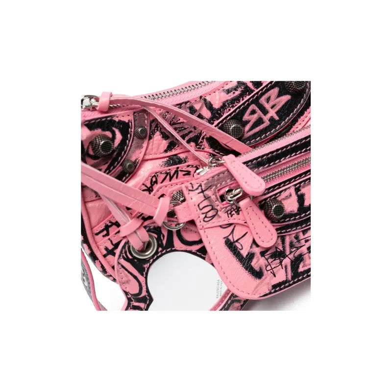 Balenciaga Le Cagole Calfskin Biker Bag, Dumpling Bag, Shoulder Bag, Crossbody Bag Extra Small Women's Black/Pink-3