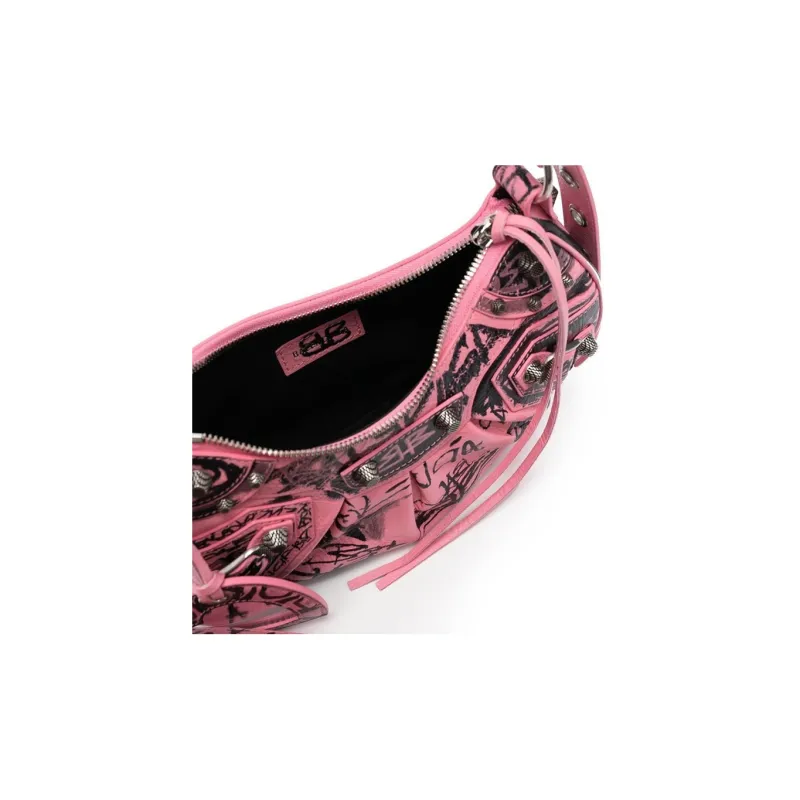 Balenciaga Le Cagole Calfskin Biker Bag, Dumpling Bag, Shoulder Bag, Crossbody Bag Extra Small Women's Black/Pink-2
