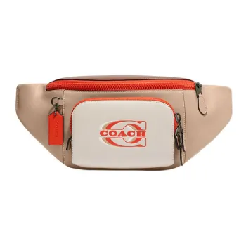 COACH TrackBelt Calfskin One Shoulder Crossbody Fanny Pack Tubas Men's Sandy Beige & Orange