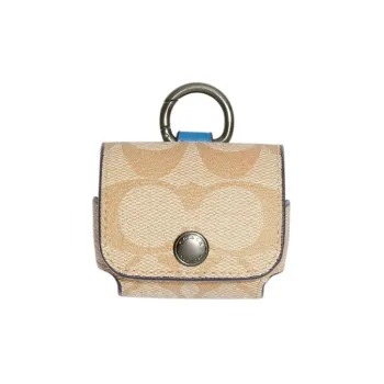 COACH Earbud Case Signature Coated Canvas With Refined Calfskin Earphone Case Women's Brown