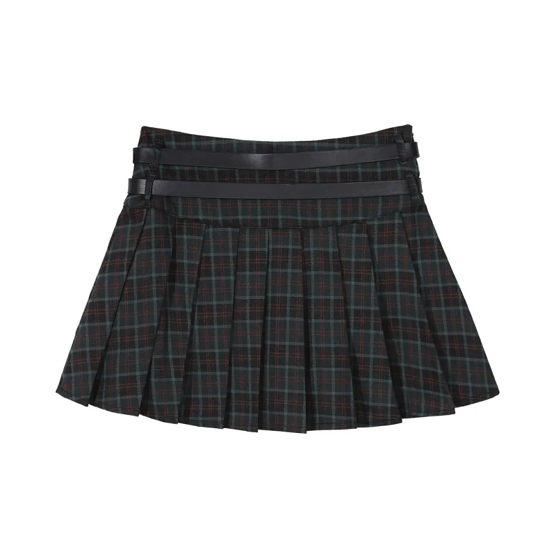MATCHA STORY College Series Casual Short Skirts Women's Green Plaid-1