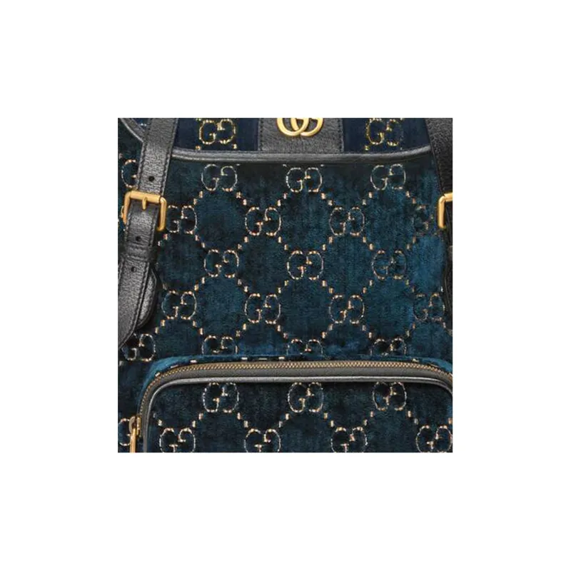 GUCCI Velvet With Leather Backpack Small Size Unisex Dark Blue-5