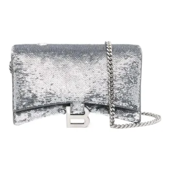 Balenciaga Hourglass Sheepskin Hourglass Bag, One Shoulder Crossbody, Chain Strap Wallet Women's Silver
