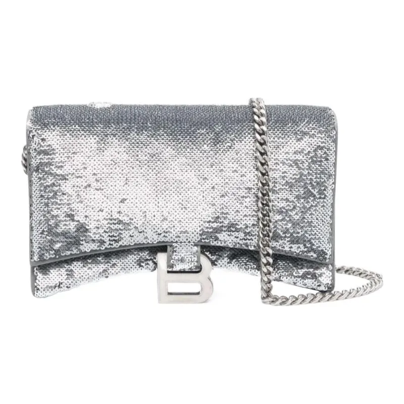 Balenciaga Hourglass Sheepskin Hourglass Bag, One Shoulder Crossbody, Chain Strap Wallet Women's Silver-0