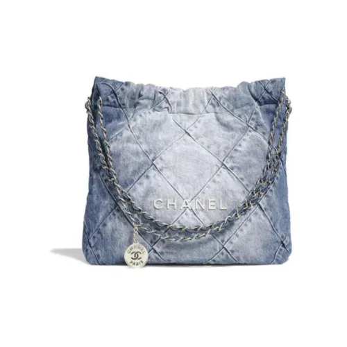 CHANEL 22Bag Distressed Denim Trash Bag Handbag Shoulder Bag Women's Washed Denim Blue