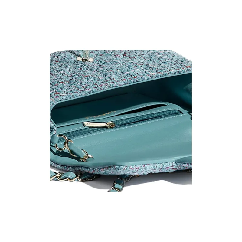 CHANEL Classic Flap CF Wool & Metal Mouth Cover Bag, Crossbody Bags, Shoulder Bags Mini Women's Turkish Blue & Silver-3