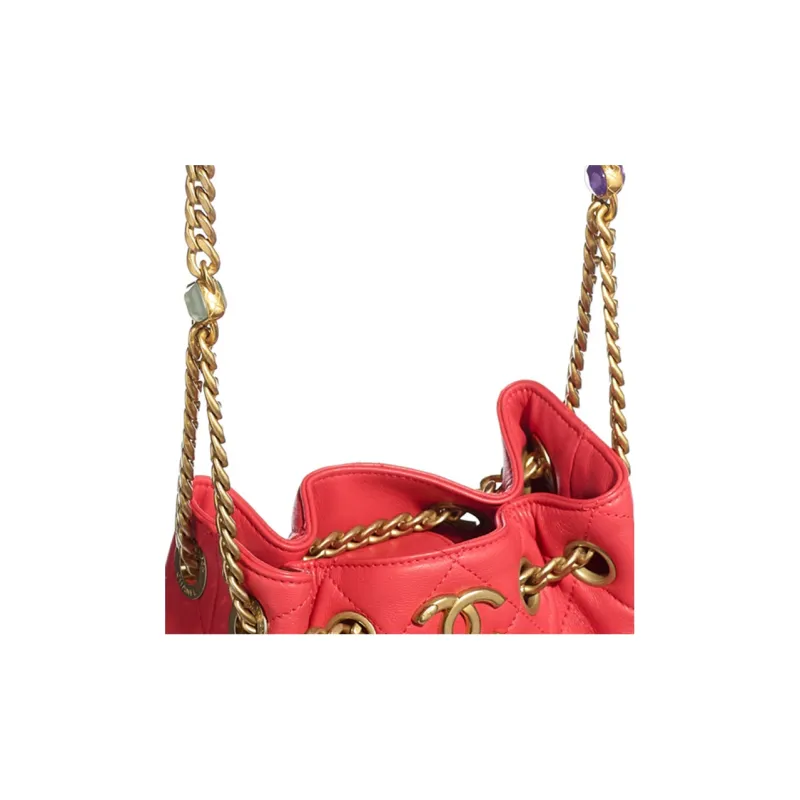 CHANEL Lambskin & Gold Metal & Multicolor Resin Chain Bag, Crossbody Tote, Shoulder Bag Women's Red & Multicolor-3