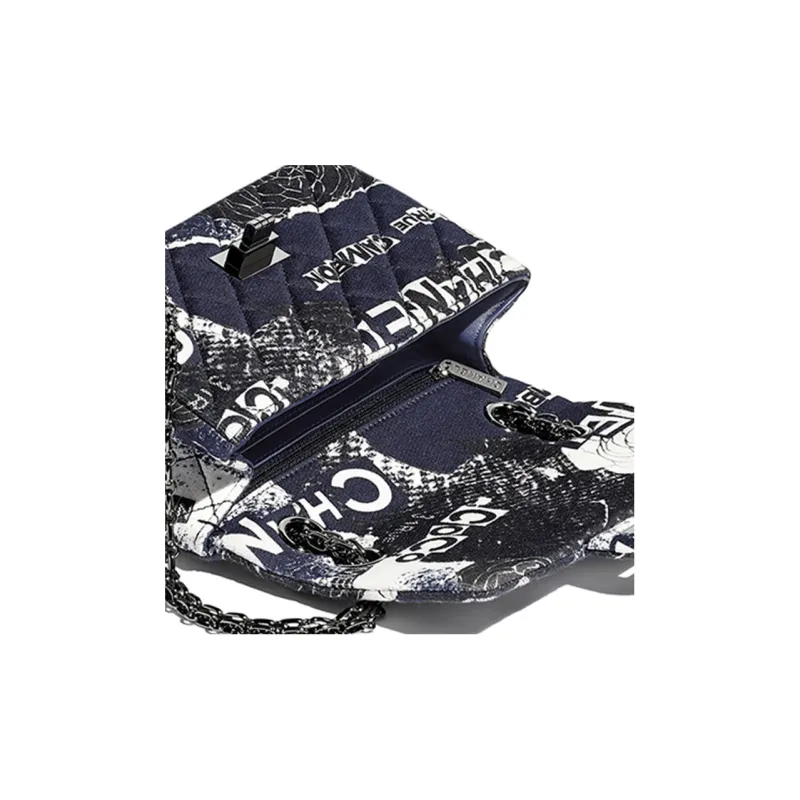 CHANEL 2.55 Print Cotton Fabric Mouth Cover Bag, Chain Bag, Crossbody Bag, Shoulder Bag Women's Blue & White-4