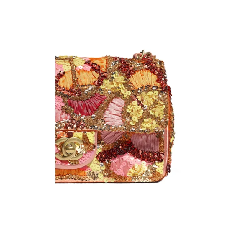 CHANEL Sequins Floral Tweed Glass Pearl Crossbody Bag, Shoulder Bag Mini Women's Pink Orange-3