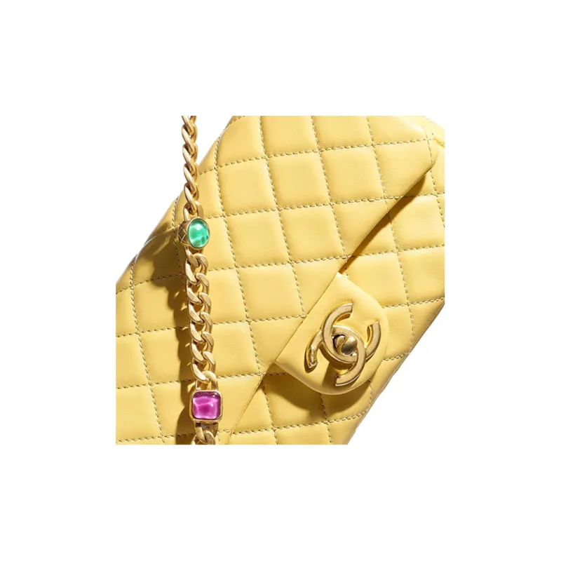 CHANEL Classic Flap CF Lambskin & Metal Crossbody Bag, Shoulder Bag Mini Women's Yellow & Multicolor-3