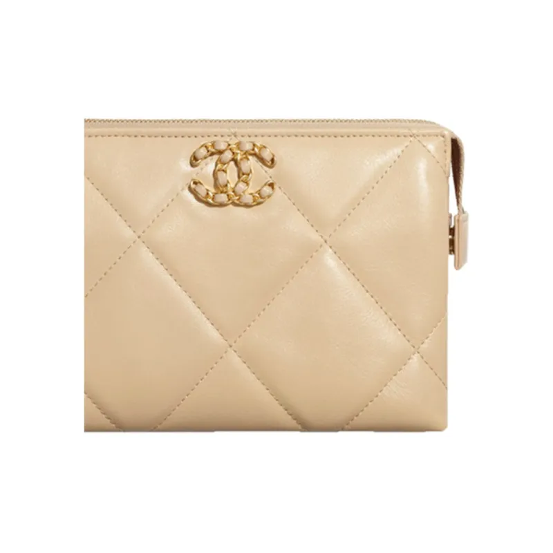 CHANEL Goatskin Clutch Trumpets Women's Beige-4